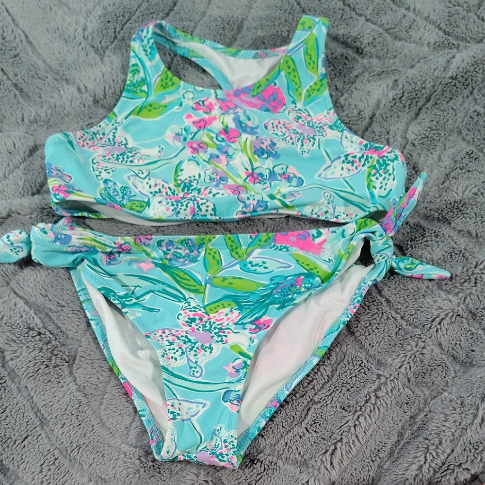 Lilly Pulitzer Blue and Pink Bikini with Sporty Tank and Side-Tie Details